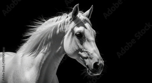 majestic white horse head in black background