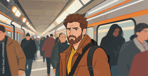 Confused Male Traveler in Subway Station Platform