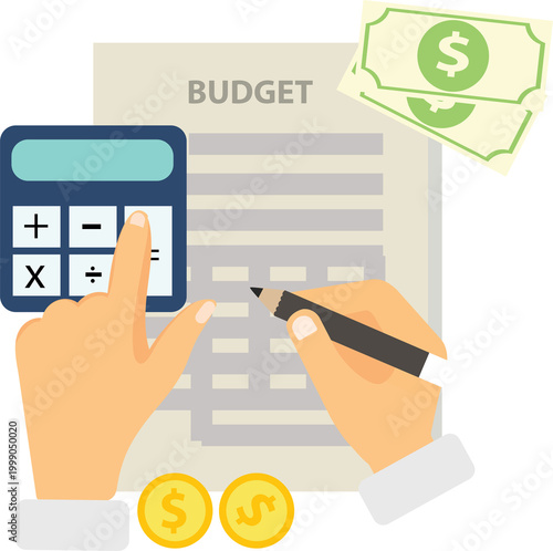 Hands calculating finances with calculator, pen, document, money representing careful economic planning, investment, financial stability.