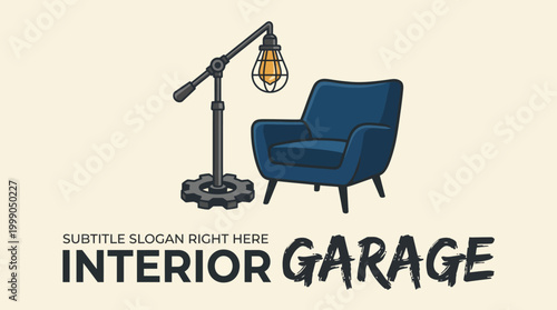Fotografía A contemporary chair paired with a unique lamp creates an inviting atmosphere, ideal for a garage setup or modern workspace