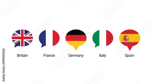 Speech bubbles with national flags of britain france germany italy and spain