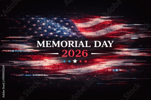 Memorial Day 2026 celebration with American flag background, patriotic glowing banner, dark reflective surface, national holiday concept