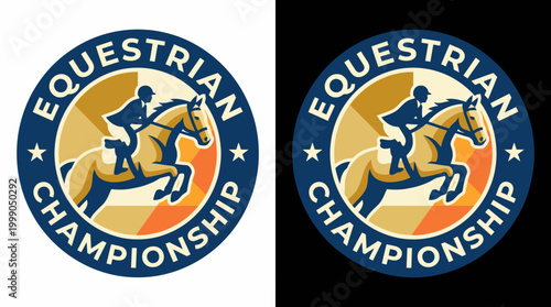 An exciting equestrian championship logo depicts a skilled rider on a horse showcasing the thrill and elegance of equestrian sports, appealing to horse riding enthusiasts.