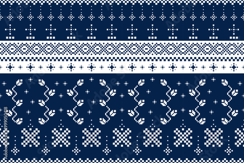 Ethnic geometric and ethnic oriental pixel pattern design. White and blue motif mini flowers ethnic pattern. Seamless pattern, wallpaper, curtain, clothing, fabric, ikat, boho, batik, carpet ,diamond.