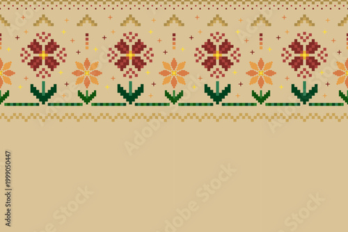 Ethnic geometric and ethnic oriental pixel pattern design. Motifs colorful flowers ethnic pattern. Seamless pattern, wallpaper, curtain, clothing, fabric, ikat, boho, aztec, batik, carpet ,diamond.
