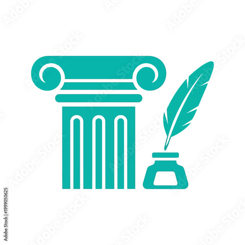 Vector illustration of quill pen writing in inkwell with feather on teal background for literature and calligraphy