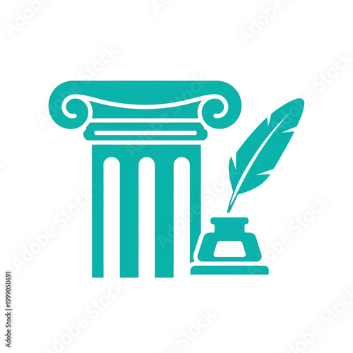  Vector illustration of quill pen writing in inkwell with feather on teal background for literature and calligraphy
