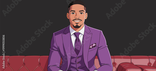 Stylish illustrated Black businessman in purple suit sitting on sofa