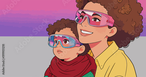 Curly Haired Parent and Child Wearing Futuristic Sport Sunglasses