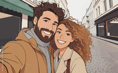 Happy Couple Taking Selfie on European City Street