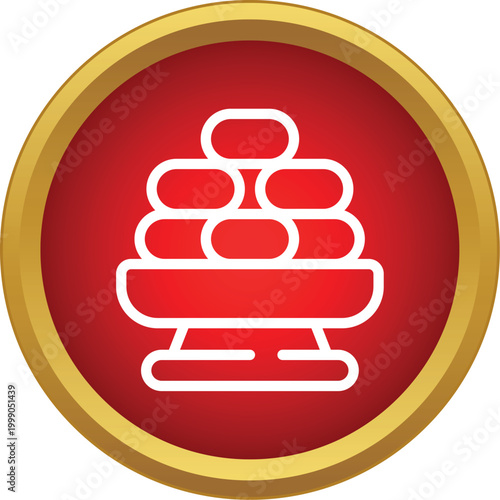 Stacked traditional sweets or ingots on a plate with red circular border
