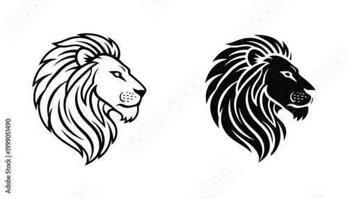 Majestic lion head profile icon set showing detailed mane in outline and solid black tribal style for logo design