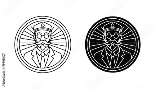 Vintage style captain or conductor character portrait in circular emblem with sunburst background in both linear and solid black styles for retro branding and professional insignia design