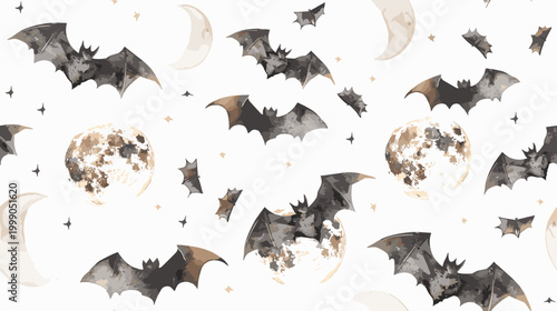 Bats Flying Against Full Moon and Crescent Moon in a Whimsical Halloween Pattern Background