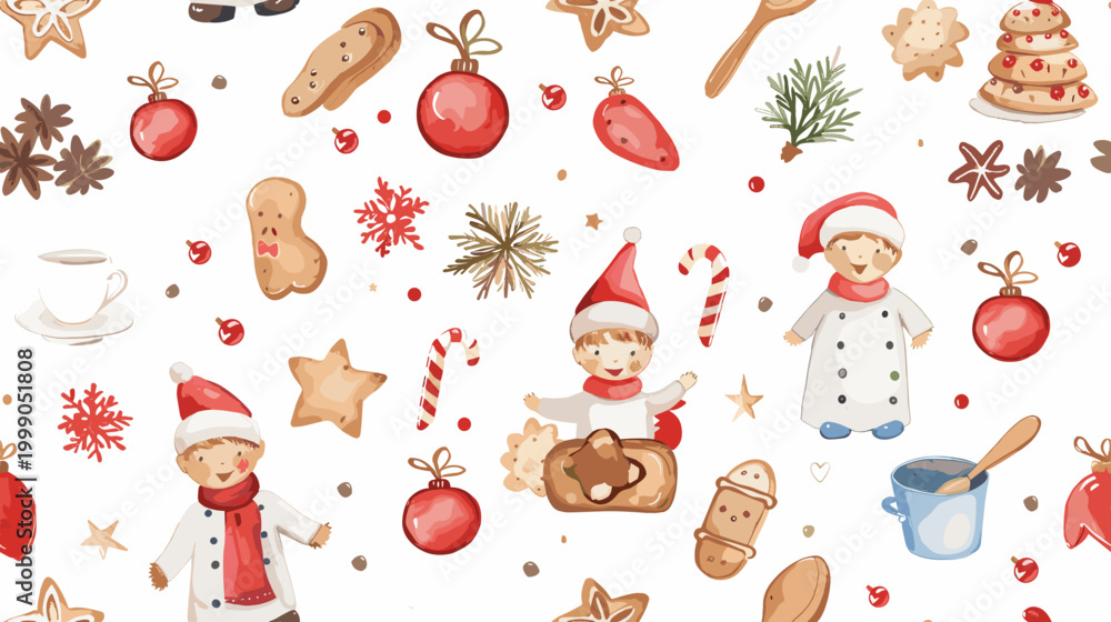 Naklejka premium Cheerful Holiday Baking Pattern with Children, Cookies, and Festive Decorations for Christmas