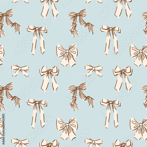Seamless pattern with various cute bow knots, gift ribbons in brown and blue. Trendy coquette core design. Hand drawn vector illustration. Holiday background, wrapping paper.