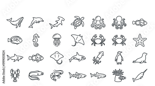 Sea creatures and ocean animals icons.