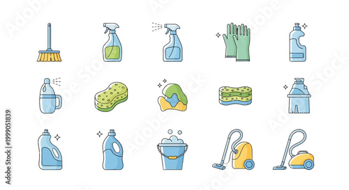 Cleaning supplies and tools icons.