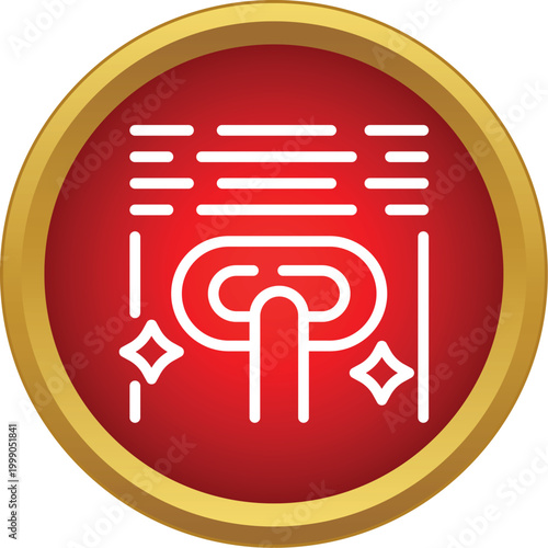 Cleaning process icon on a red button with a gold frame, featuring a wash cycle and sparkle elements