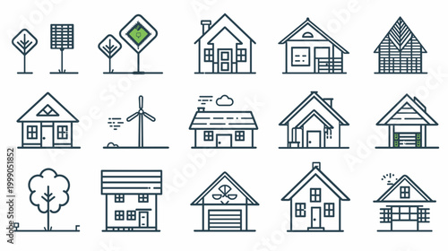 Collection of Architectural House Designs and Symbols Featuring Varied Styles and Structures