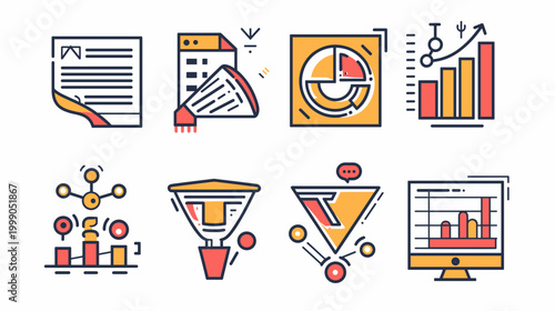 Collection of Business and Analytics Icons Representing Data Visualization and Performance Metrics