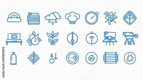 Collection of Blue Outline Icons Representing Various Everyday Activities and Objects