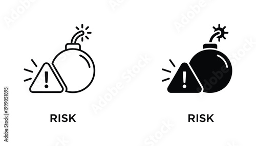 Risk warning icon with bomb and triangle danger symbol in linear and solid black graphic style