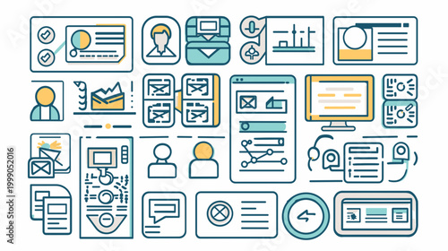 Collection of Business and Technology Icons Representing Communication and Data Analysis Concepts