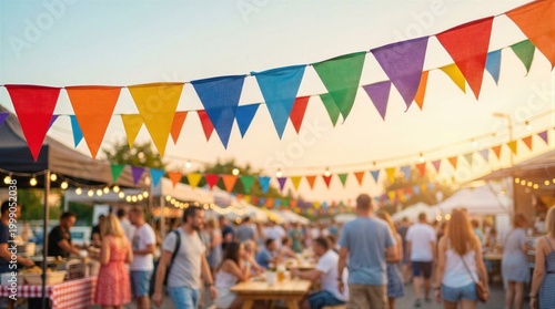Multicolored bunting flags hanging at a street food festival. People enjoying outdoor market celebration. Festive atmosphere, carnival event, social gathering, Cinco de Mayo concept.