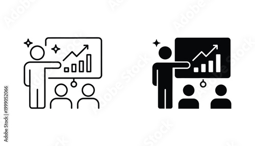 Business presentation icon set featuring presenter and audience with growth chart for corporate communication and professional training concepts isolated on white background