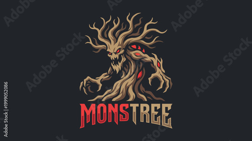 An imposing figure of a monstrous tree with gnarled branches and glowing eyes, representing the blend of nature's beauty and fearsome power in a dark fantasy style.