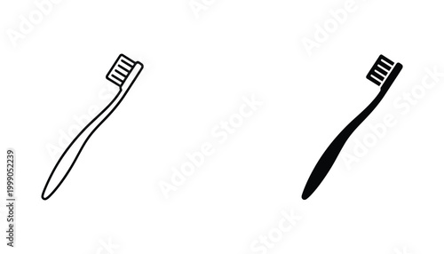 Minimalist toothbrush line art and solid silhouette icons set for dental hygiene and oral care design projects isolated on white background
