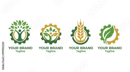 A collection of logos featuring leaves and gears, reflecting sustainability and eco-friendliness, perfect for brands in agriculture, environmental services, or health-food sectors.