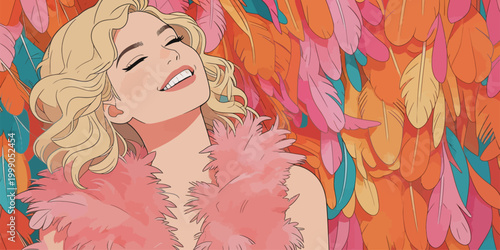 Joyful Blonde Woman in Feather Boa with Vibrant Feather Background