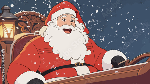 Cheerful Santa Claus riding his Christmas sleigh at night