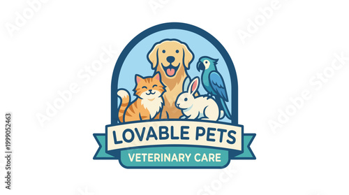 A vibrant logo showcasing a golden retriever, cat, rabbit, and parrot symbolizing compassionate veterinary care for various lovable pets in a friendly and inviting design.