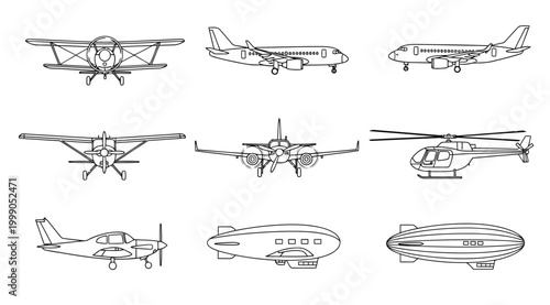 Set of various aircraft icons including airplanes, helicopter, and airships in outline style