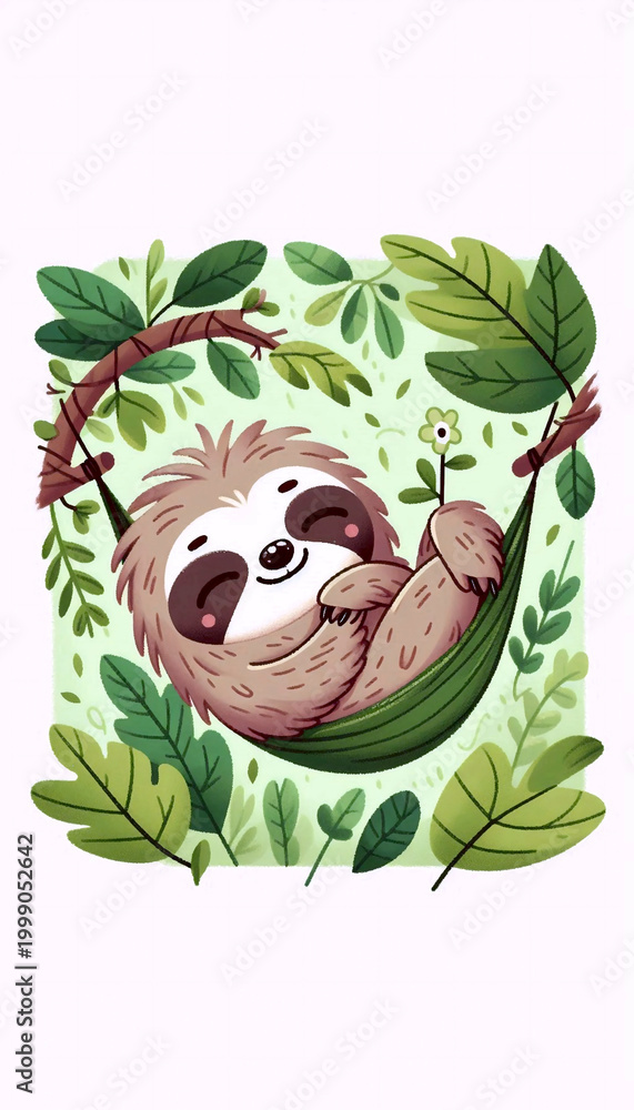 Naklejka premium A kawaii scene of a sloth in a hammock, Ai generated image