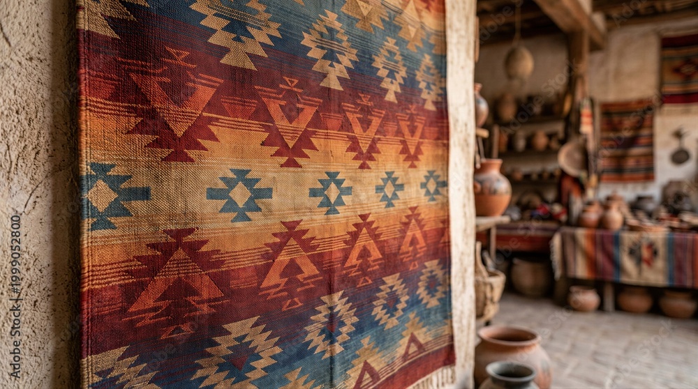 Fototapeta premium Traditional Mexican rug with geometric pattern hanging on adobe wall. Authentic folk tapestry decor inside rustic interior with ceramic pottery. Cultural symbol for Cinco de mayo celebration.