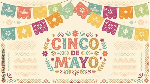 Cinco de mayo holiday background with colorful papel picado bunting flags. Traditional Mexican festival greeting card with floral ornament and typography. Festive culture celebration banner.