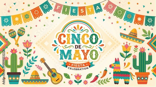 Cinco de Mayo greeting card with traditional festive elements. Colorful illustration featuring cactus, maraca, guitar, sombrero, and pinata for Mexican culture holiday celebration design.