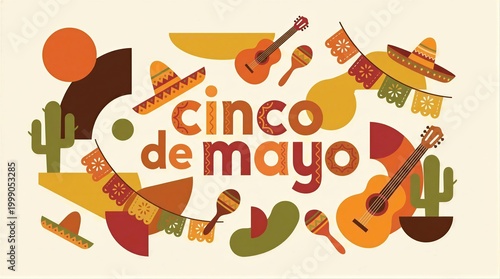 Cinco de mayo greeting card design with mexican elements. Celebration of heritage with festive guitar maracas sombrero and cactus illustration. Decorative banner vector art for holiday.