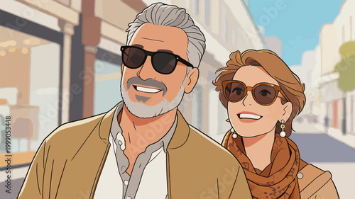 Stylish Senior Couple Walking Together on Urban Street
