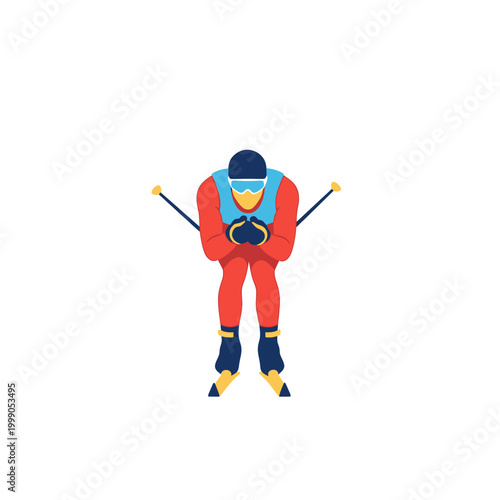 Flat vector illustration of a downhill skier in a professional tuck position wearing a red racing suit, blue bib, goggles, and helmet, isolated on a white background.
