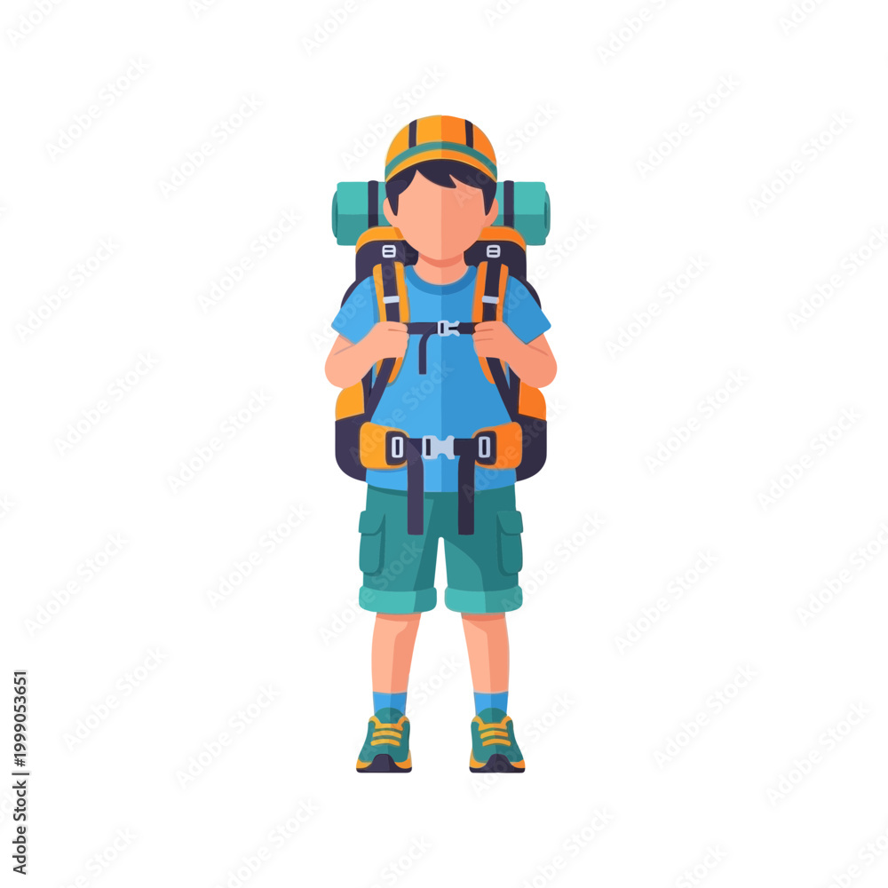 Fototapeta premium Vector illustration of a young male hiker wearing a blue shirt and green cargo shorts, carrying a large orange trekking backpack with a bedroll, isolated on a white background.