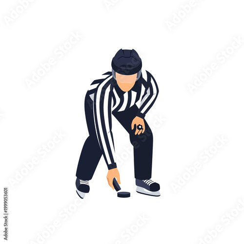 Isometric vector illustration of an ice hockey referee in a striped jersey, black pants, and helmet, leaning down to drop the puck for a face-off, isolated on a white background.