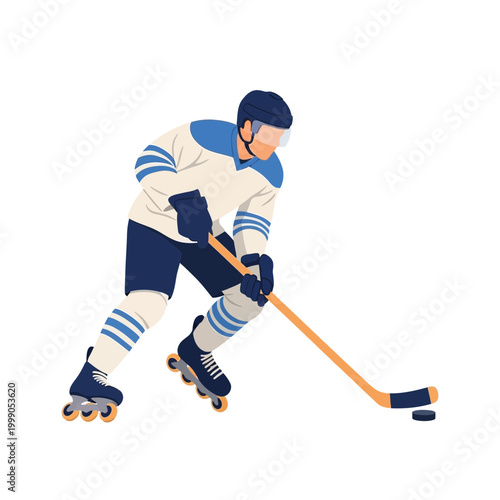 Vector illustration of an inline roller hockey player in a white and blue uniform, helmet, and gloves, skating while handling a puck with a hockey stick on a white background.