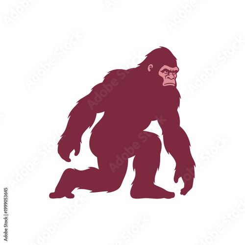 Maroon illustration of a Sasquatch or Bigfoot creature in a kneeling position, showing muscular build and detailed facial features with fur texture, isolated on a white background.