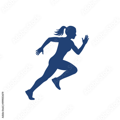 Dark blue silhouette of a female athlete with a ponytail in a dynamic sprinting pose, side view profile of woman running fast, isolated on a white background for sports and fitness.