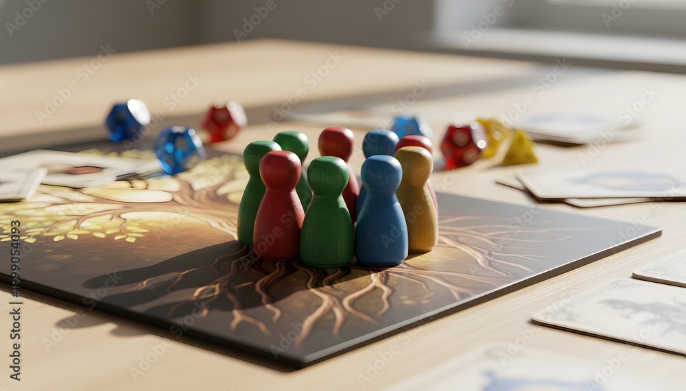 Fototapeta premium A color image of teamwork and togetherness concept with colorful wooden board game pieces arranged in a circle on a tabletop for social interaction, unity, and strategy
